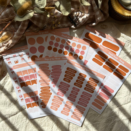 Journal sticker sheet kit including days, weeks, boxes, circles and more in warm pinks and peach colours