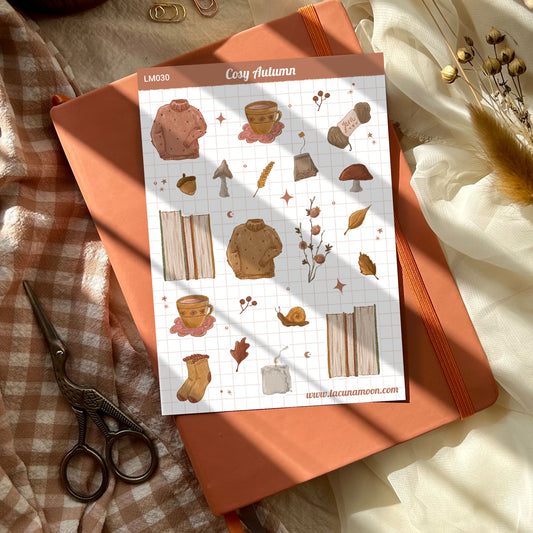 Cosy Autumn Sticker Sheet with illustrations of Books, Jumpers, Tea and more.