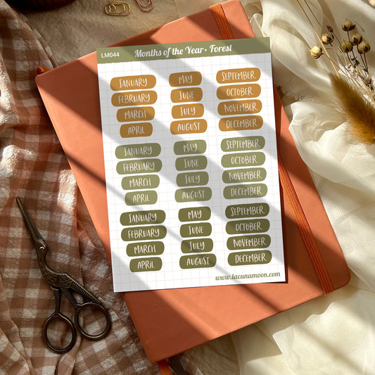 Months of the Year stickers in earthy forest colours