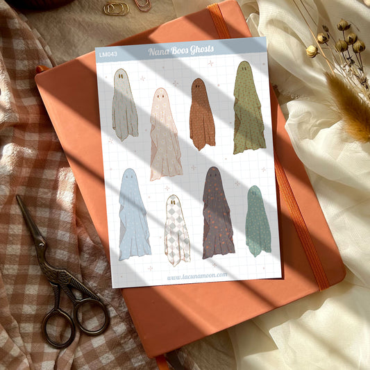 Cute Ghosts wearing granny style bedsheets sticker sheet