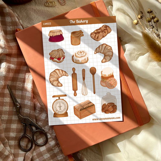Bakery stickers featuring illustrations of croissants, donuts, baking utensils and more!