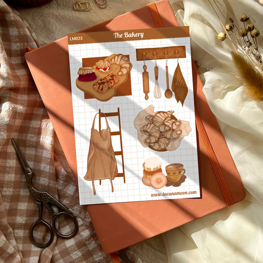 Bakery mini scenes stickers of hanging utensils, bake goods and more