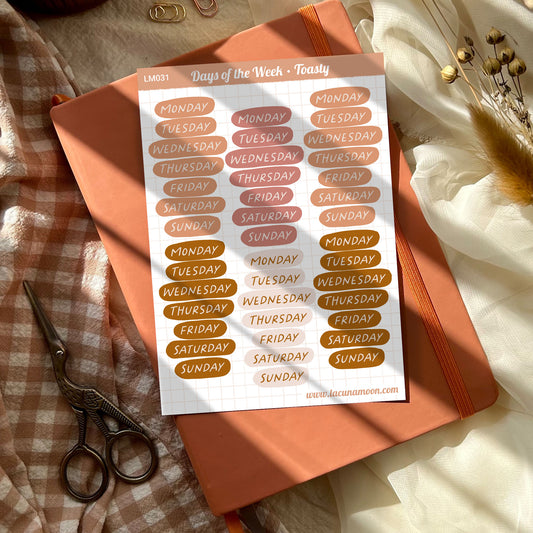 Days of the Week Sticker Sheet in Peach, Pink, Cream and Brown Colours