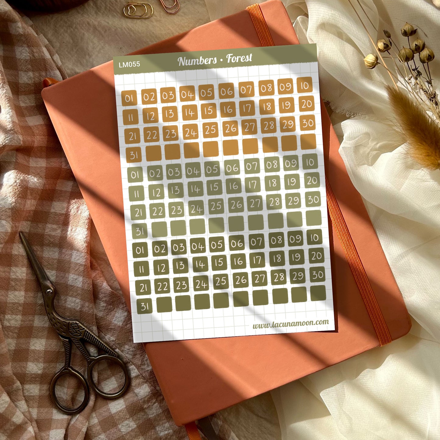 Date numbers stickers in earthy forest greens and browns