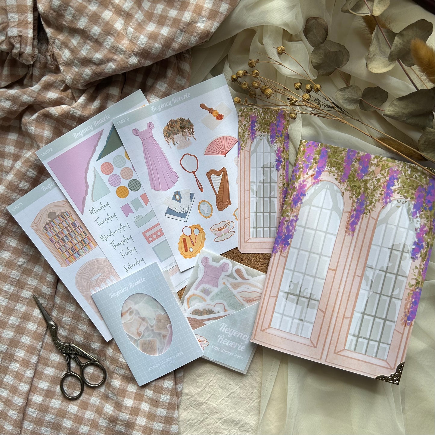 Regency themed gift set including; Notebook, bookmark, sticker pack, sticker flakes, and 3 sticker sheets with decorative and functional stickers