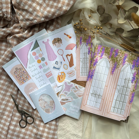 Regency themed gift set including; Notebook, bookmark, sticker pack, sticker flakes, and 3 sticker sheets with decorative and functional stickers