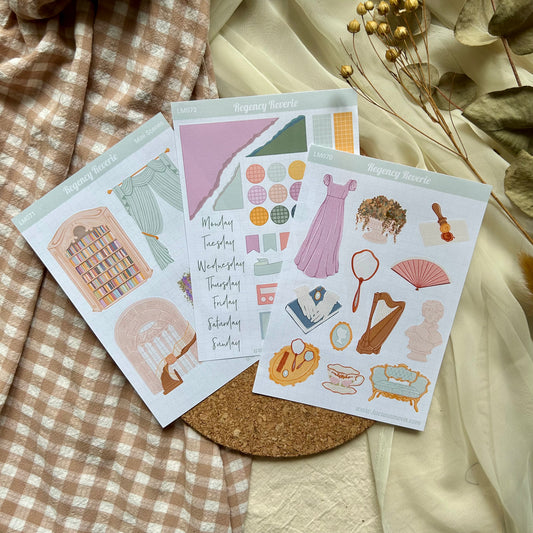 Regency themed sticker set, 3 sticker sheets including decorative and functional stickers